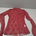 KMBANGI Women's Mesh Lace Long Sleeve Top Mock Neck Sheer Blouse Floral Lace Layering Tops Y2k See Through Tee Shirt (Embroidery Wine Red)