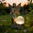 10" Bronze Fairy Solar-Powered Garden Statue, Crackle Glass Globe Solar Light, Outdoor Garden Decor Solar Light, Weatherproof Resin Fairy Decorative, Sunflower Fairy for Patio Yard Lawn