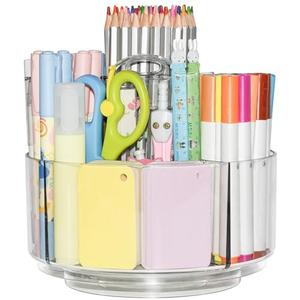JIKIOU Acrylic Pen Holder, 360-Degree Rotating Pen Holder for Desk, Clear Desk Organizers and Accessories with 5 Compartments Pencil Organizer, Art Supply Storage Box Caddy for Office, Home