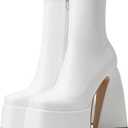 Uacllcau Platform Boots for Women Mid Calf Boots Square Toe Chunky High Heel Boots Side Zipper Ankle Booties (7.5, White)