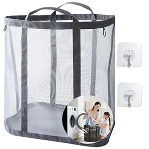 Collapsible Laundry Basket, Mesh Bag with Handles, Foldable Laundry Bag, Breathable Folding Beach Bag,Space-saving Tote Bags for Laundry, Bathroom, Dorm or Travel (Gray, 45L)