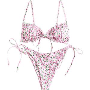 ZAFUL Women's Ditsy Floral Printed Swimsuit Underwired Knotted String Triangle Bikini High Cut Cheeky Bikini Set (X-Large, Pink)