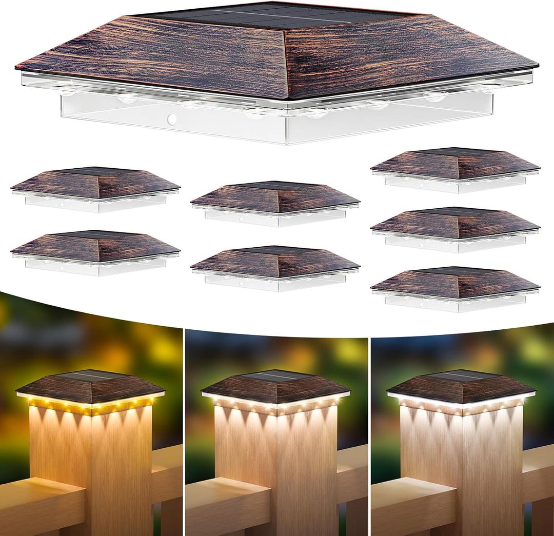 Mlambert 8 Pack Solar Post Cap Lights Outdoor - 3 Lighting Modes Waterproof LED Solar Post Lights Fit 3.53.5 Wood/44 Vinyl Fence Deck Posts, Brown