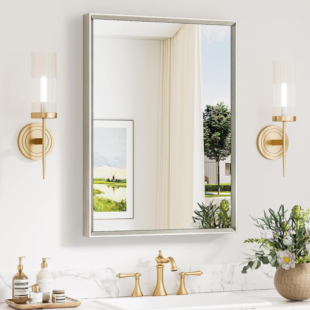 Keonjinn 22 x 30 Inch Brushed Nickel Bathroom Mirrors for Over Sink, Beveled Rectangle Framed Mirrors for Wall, Farmhouse Bathroom Vanity Mirror, Tempered Glass, Square Corner