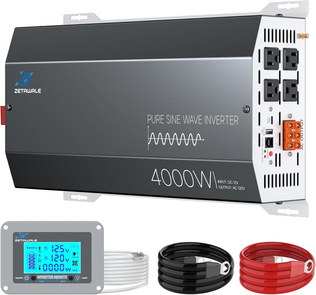 4000W Pure Sine Wave Inverter 12V DC to 110V/120V AC Converter, 8000W Peak, LCD Remote Control, 4 AC Outlets, USB & Type-C Heavy Duty for RV, Truck, Off-Grid Solar, Home Emergency Power