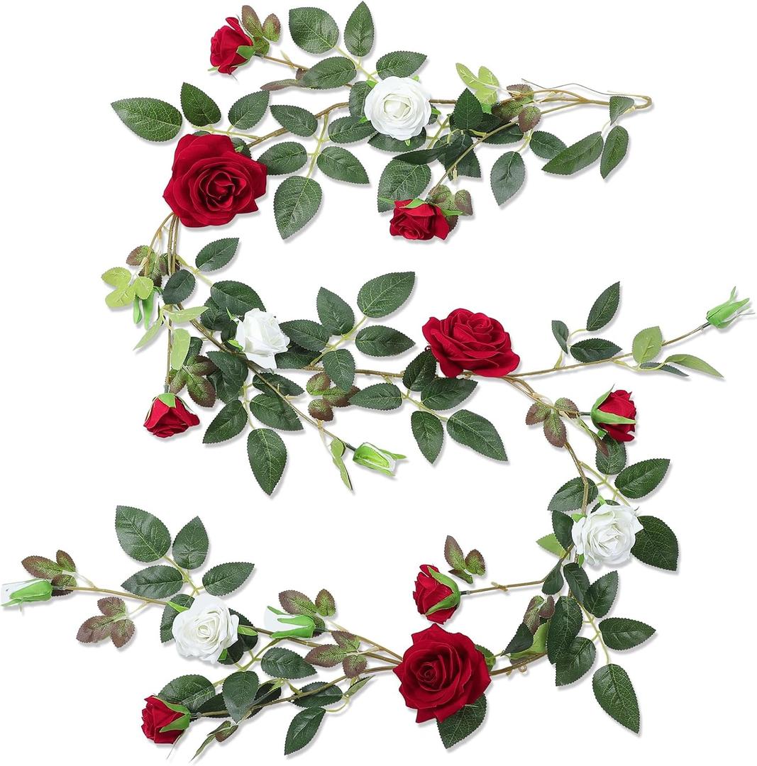 Thiccywoov Valentine Rose Vine Artificial Flower Garland Fake Flower 6ft Artificial Floral Garland Fake Rose Silk Floral Hanging for Wedding Party Ceremony Outdoor Decor(Red + White,1 Pack)