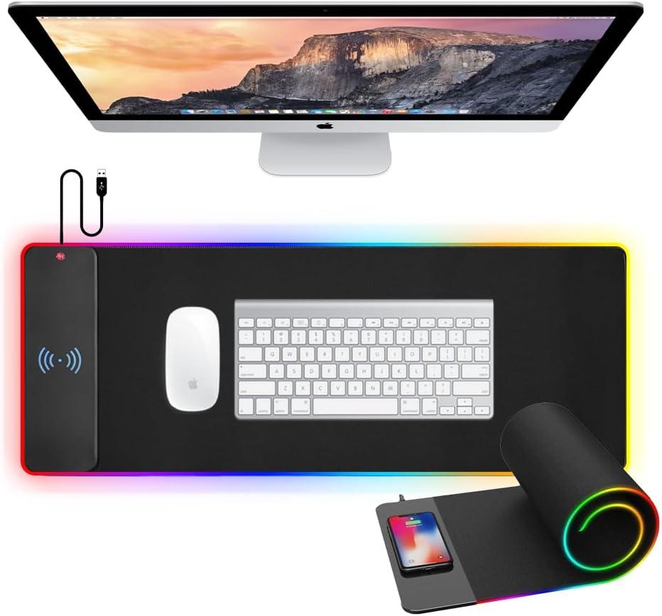 Large RGB Gaming Mouse Pad with 15W Wireless Charging - 10 Light Modes, Smooth Surface, Non-Slip Base - Ideal for Gaming, Office, and Home Use, Black