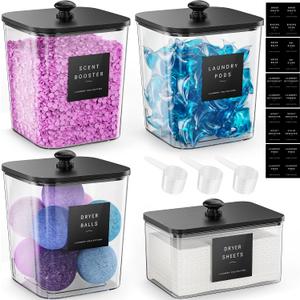 4 Pack Laundry Pods Container, Clear Laundry Room Organization Containers Essentials, Large Detergent Powder Storage Containers Black Wooden Lids & Labels Signs, Home Acrylic Laundry Pods Holder