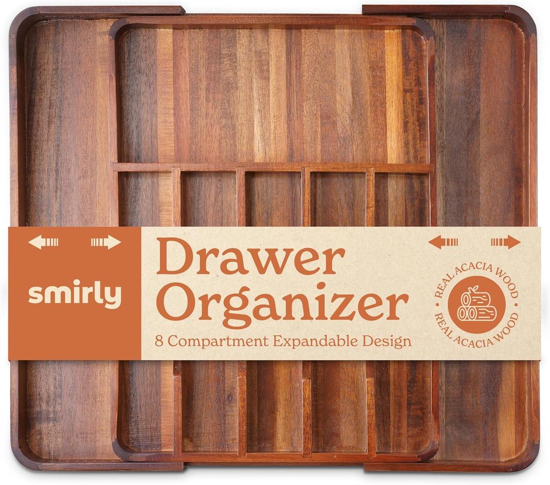 SMIRLY Silverware Drawer Organizer  Bamboo Kitchen Drawer Organizer, Adjustable Utensil Holder and Cutlery Tray, Drawer Dividers for Flatware and Kitchen Utensils (8 Slot, Acacia Wood)