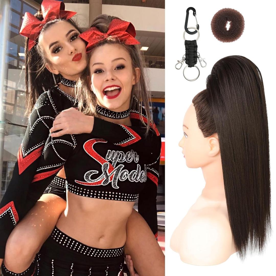 SEIKEA Cheer Ponytail Hair Piece, 14" Straight Cheerleader Hairpiece Ponytail Extension for Cheerleader Competition, Dance, Deepest Brown