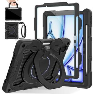 ROISKIN for iPad Air 11 inch Case M3 2025/M2 2024(Air 7th/6th Generation)-with HD Screen Protector, 360 Rotating Kickstand/Handle, Shoulder Strap, Pen Holder, Heavy Duty Military Grade - Kids Friendly (Black)