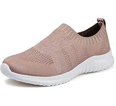 JIAFO Women's Walking Shoes, Laceless Sneakers Womens Running Shoes, Slip On Walking Shoes Womens, Casual Athletic Breathable Lightweight Comfortable Mesh Knit, B/Apricot (Size 37.5）