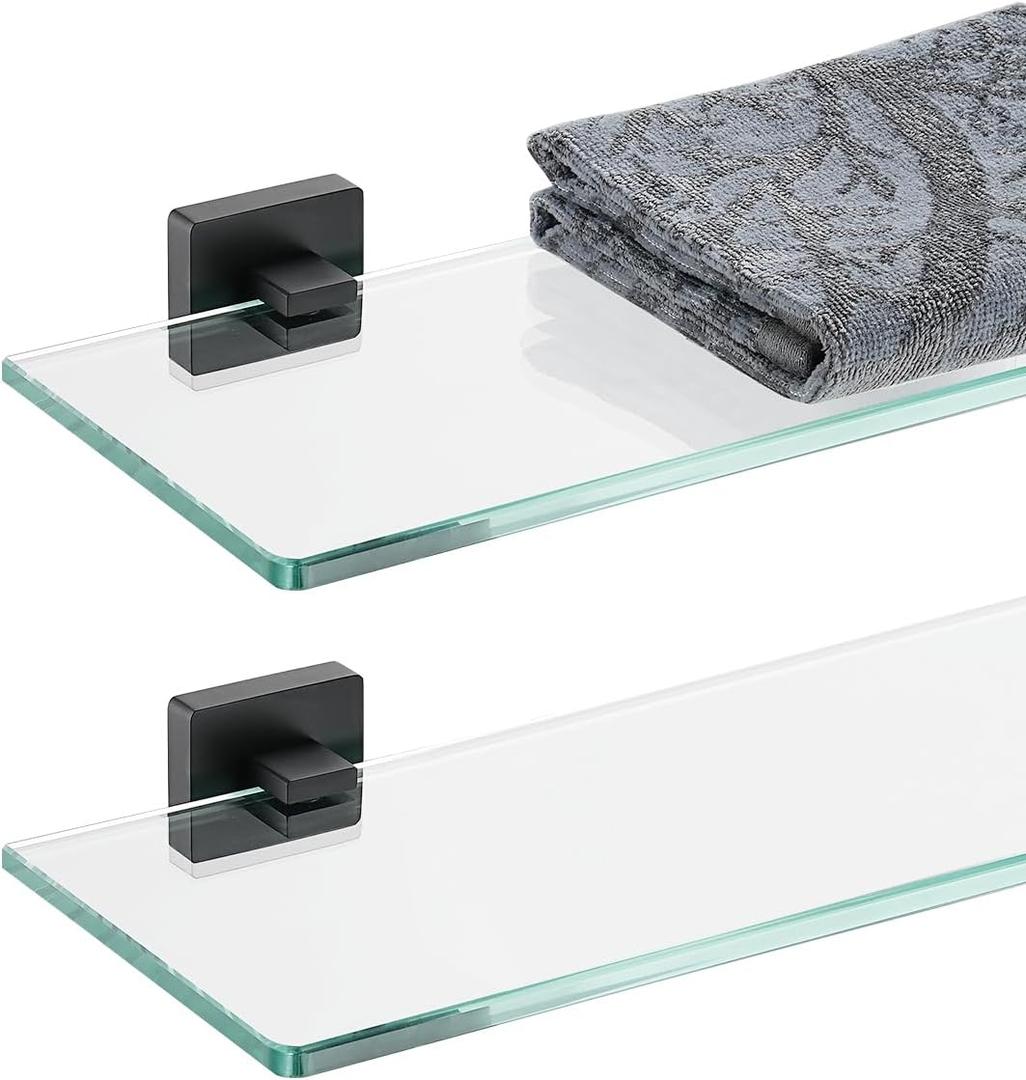 JQK Bathroom Glass Shelf Black, Tempered Glass Shower Storage 12 by 5 inches, 304 Stainless Steel Matte Black Wall Mount 2 Pack, TGS201L12-PB-P2