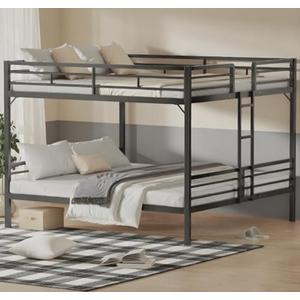 King Over King Bunk Bed with Ladder and Guardrail for Adult Teenagers Kids Bedroom, Metal Bed Frame/Near Ground Design for Dormitory, Living Room, No Box Spring Needed, Black