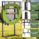 Garden Hose Holder Freestanding with Storage Basket, Heavy Duty Metal Water Hose Holder with 4 Anchor Spikes, Holds Up to 150FT of Hose for Yard, Lawn & Patio