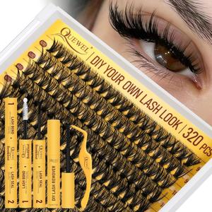 QUEWEL Lash Clusters Kit, 320 Pcs 40D Lash Cluster Eyelash Extensions 9-16mm Lash Clusters Wispy Kit with Eyelash Clusters Bond and Seal Glue Remover Tweezers (40D Kit)