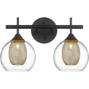 Black and Gold Bathroom Light Fixture, Farmhouse Wall Sconce Lighting with Clear Glass and Honeycomb Metal Shade, 2-Light Black Brass Vanity Light Over Mirror, AD-22001-2W-BK