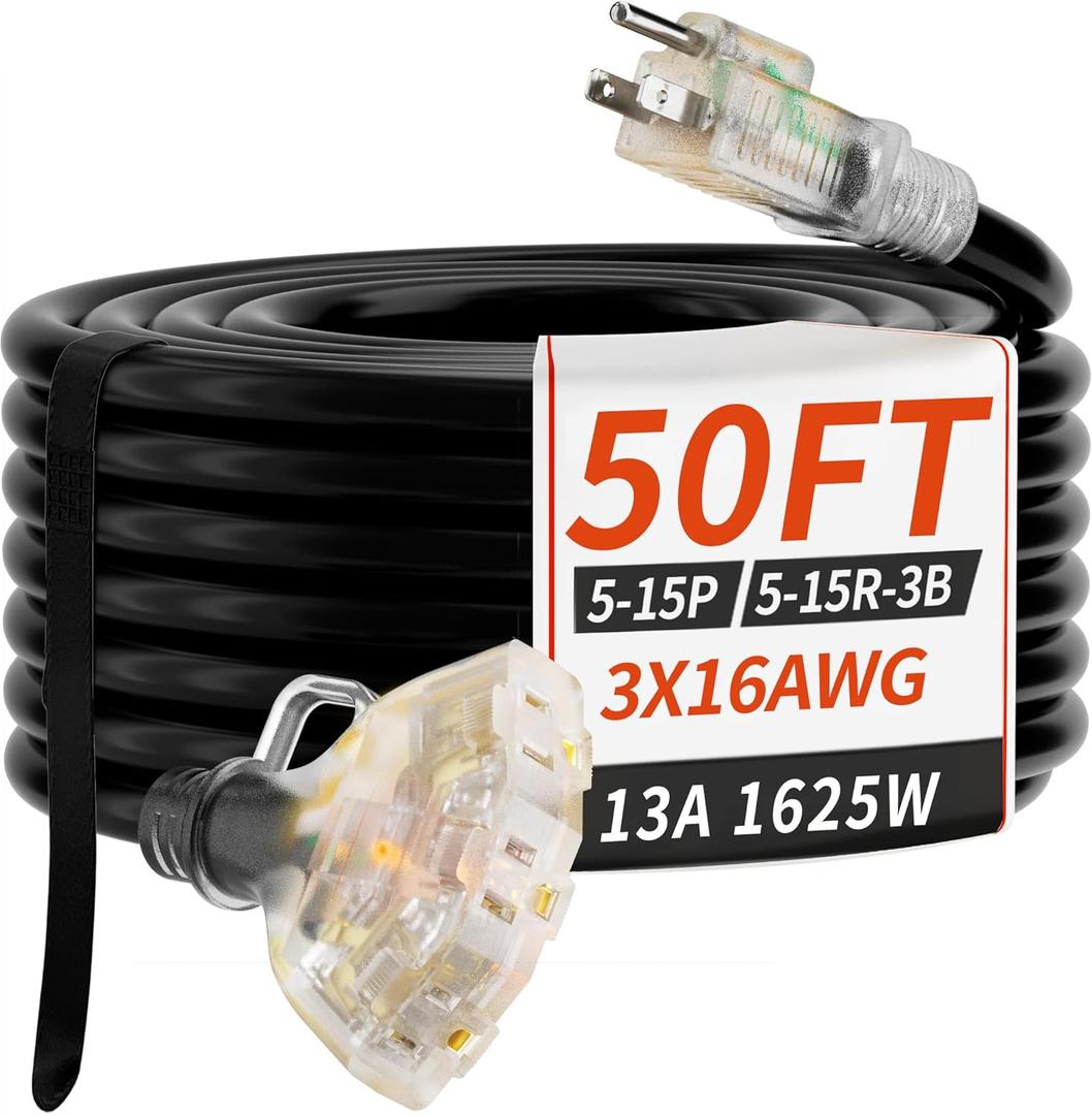 50 ft 16/3 awg 3 Outlet Extension Cord Splitter with Indicator, Waterproof Outdoor Extension Cord with Multiple Outlets, 13A 1625W for Home & Workshop, ETL Listed, Black SJTW