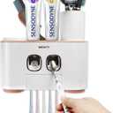 Toothbrush Holder Wall Mounted, WEKITY Multi-Functional Toothbrush and Toothpaste Dispenser for Bathroom, with 5 Toothbrush Slots, 2 Toothpaste Squeezers and 4 Cups(Pink)