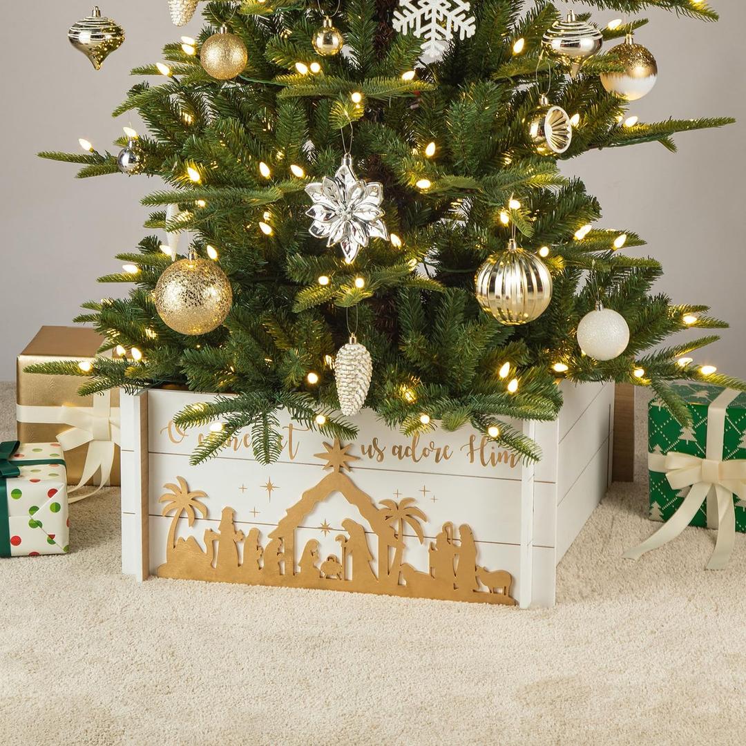 Glitzhome Christmas Tree Collar, 24" L Wooden Nativity Scene Tree Collar Tree Stand Cover Decorative Christmas Tree Skirt Collar for Christmas Decoration