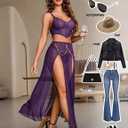 Avidlove Women Lingerie Babydoll Chemise 3 Piece Set Mesh Side Split Nightgown (Purple, L)