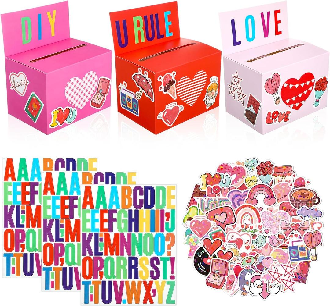 Kosiz 3 Pack Valentines Day Card Box Mailbox with Slot 4.5 x 4.5 x 6.5 Inch Valentines Ballot Raffle Boxes with Pink Heart Stickers for Party Favor Exchange Gifts Activity Prize (Sweet Style)