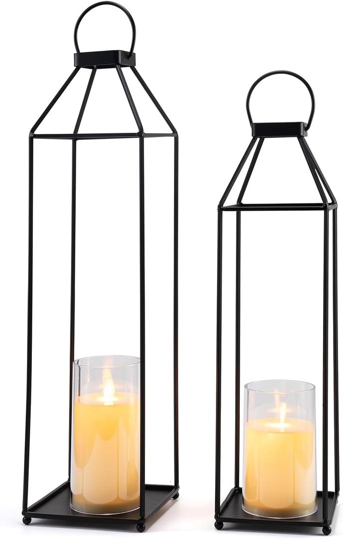 Outdoor Lantern Decorative 21.5" 18.3" Candle Lantern Set of 2 Porch Lantern Decorative Front Porch Lantern Tall Floor Lanterns Decor Indoor Battery Powered Candle Lantern Decor for Indoor Outdoor (Large&extra Large)