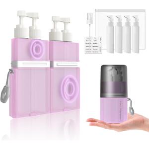 4 in 1 Travel Toiletry Containers,TSA Approved Refillable Travel Size Toiletries Bottles Set with Suction Cup for Smooth Walls - for Shampoo,Conditioner,Body Wash,Lotion.(Pink)