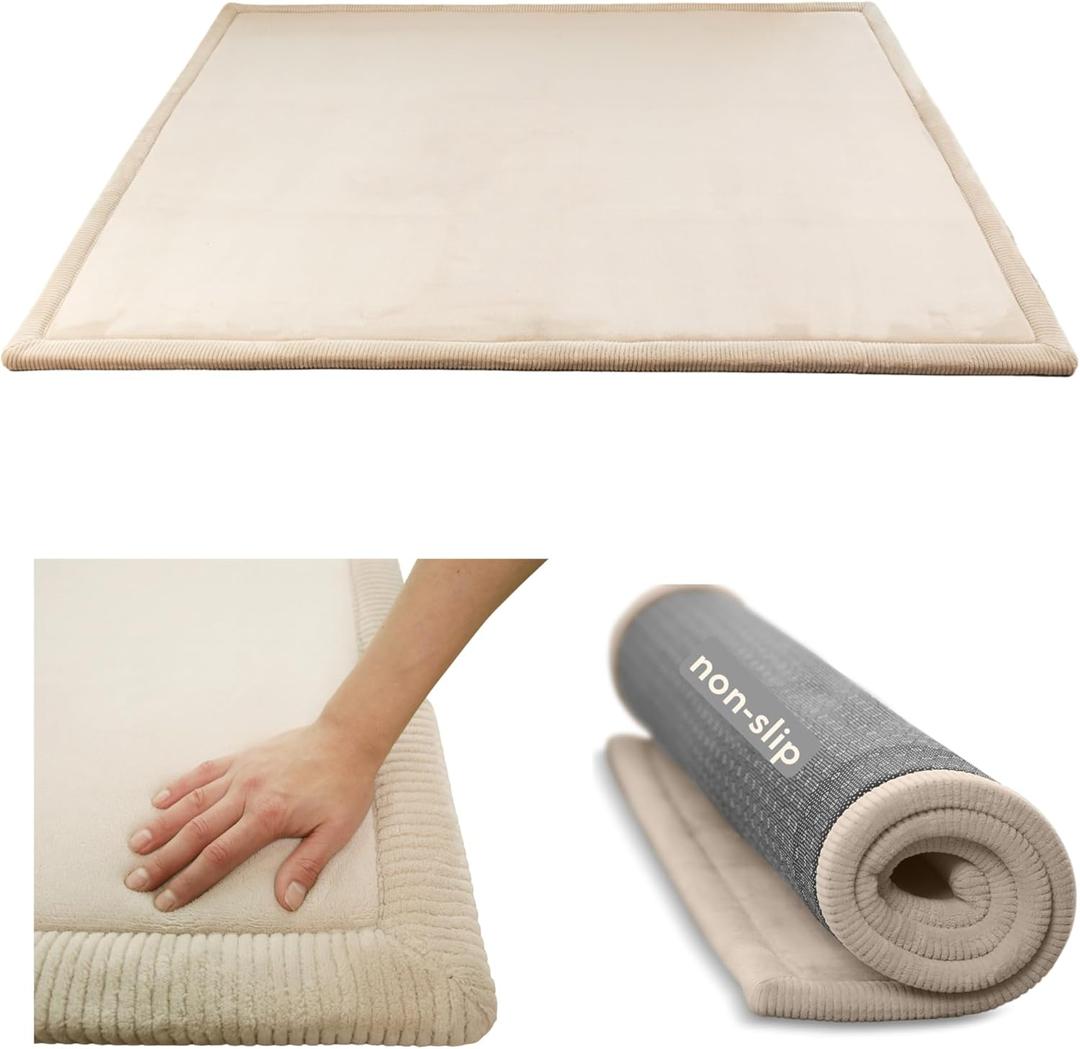 Hakuna Matte CloudSoft Mat for Floor 60" x 80" Beige Coral Velvet Memory Foam Rug Non-Slip, Water-Resistant