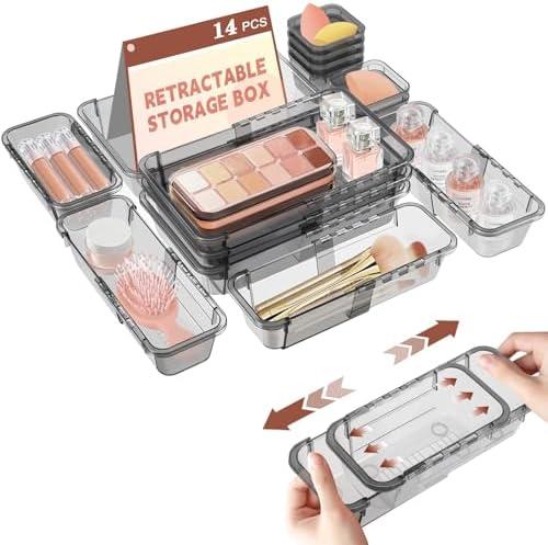14 Pcs Clear Drawer Organizer, Adjustable Drawer Storage Box, 3-Size Desk Drawer Organizer, Acrylic Storage Bins for Makeup, Kitchen Utensils, Bedroom Dressers Tool Organizer for Gadgets, Black
