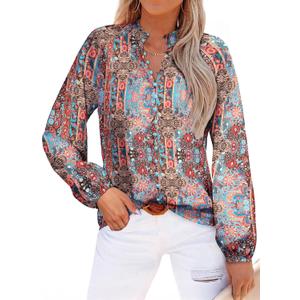 AGSEEM Womens Button Down Shirts Lantern Long Sleeve Boho Floral Print Chiffon Dressy Business Casual Blouses Tops 2026 (L)
