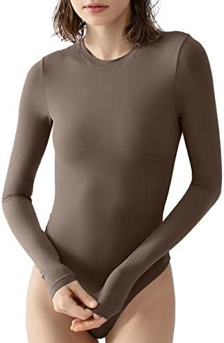 PUMIEY Long Sleeve Bodysuit For Women Sexy Body Suits Crew Neck Tops Mocha, Medium