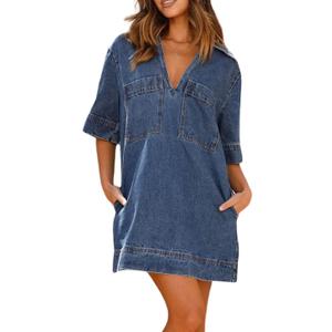 chouyatou Women's Summer Loose Fit V-Neck Sexy Mini Denim Dress Cute Jean Tunic Dress with Pockets (S)