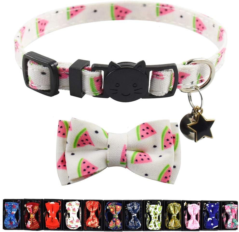 Pipidog Cat Collar Breakaway with Bell and Accessories, Printing Kitten Collar Bowtie for Kitty 19 Colors Adjustable 7.5-11in(Watermelon)