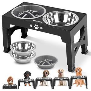 Jovrun Elevated Dog Bowls, Dog Feeder with 2 Stainless Steel Dishes &1 Slow Feeder Bowl, 5 Heights Adjustable Raised Stand for Medium Large, Food Dishes with Non-Slip Feet