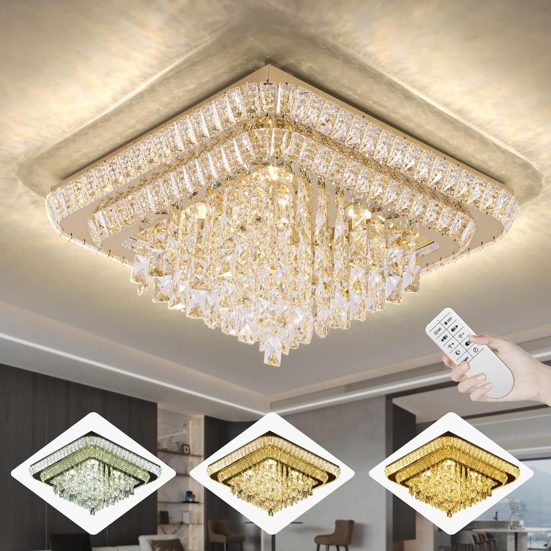Elegant LED Gold Crystal Raindrop Ceiling Light,24 Inch Square Flush Mount Chandelier with Remote for Living Room Kitchen Island Bedroom Hallway Entryway Foyer (Dimmable)