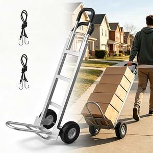 2 in 1 Hand Truck, 600 Lbs Capacity, Dolly Cart with Wheels 10" All-Terrain Tires, Heavy Duty Alloy Steel Dolly with Dual Handles, 2 Bungee Cord for Warehouse, Home, Office, Dormitory, Silver
