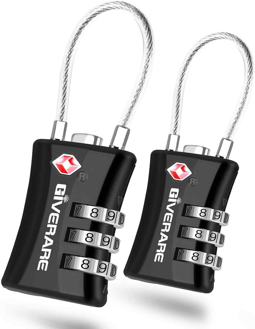 2 Pack TSA Approved Luggage Locks, Cable Suitcase Travel Lock Alloy, Set Your Own Combination Metal Zipper Padlock, 3-Digit Long Shackle Padlocks for Gym Locker, Golf Bag, Case Anti Theft-Black