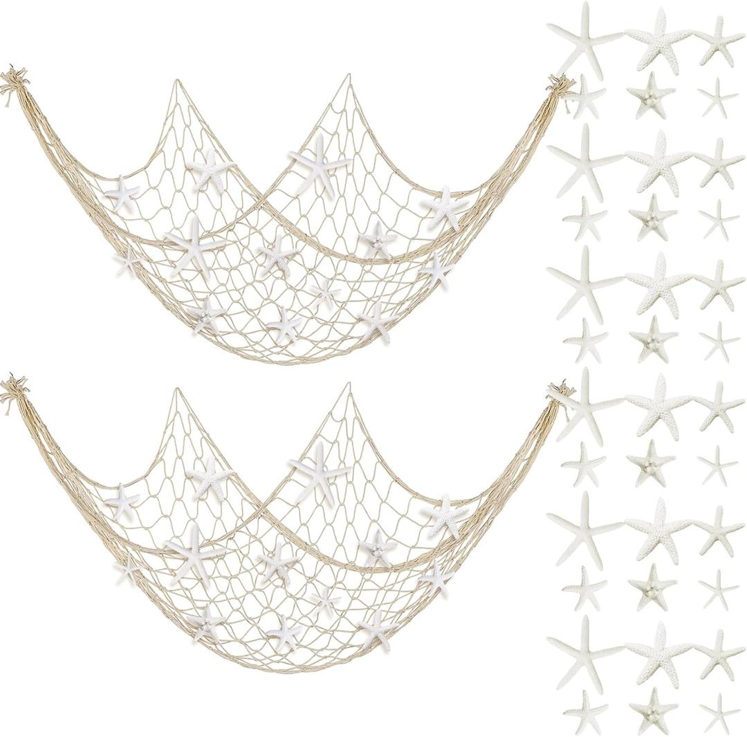 38 Pcs Starfish Fish Net Decorations Beach Starfish for Crafts 79 x 39 Inch Nature Fishing Fishnet Wall Decoration for Coastal Bedroom Bathroom Under The Sea Party Decorations