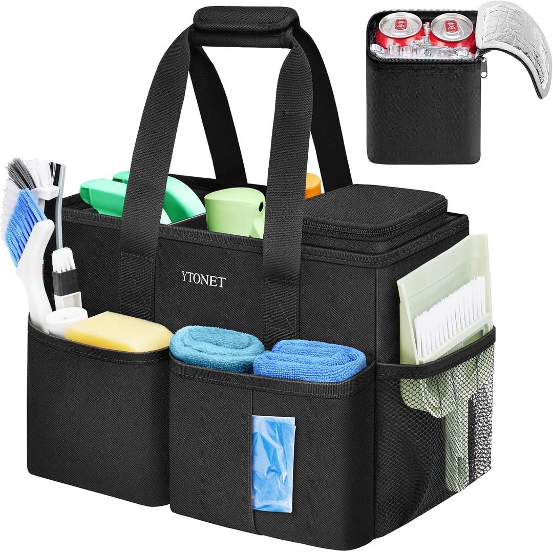Ytonet Cleaning Caddy, Water Resistant Cleaning Supplies Organizer with Handle & Foldable Divider for Cleaners, Housekeeping Tote for Kitchen & Bathroom, Car Tool Caddy Organizer Bag, Black (Medium)