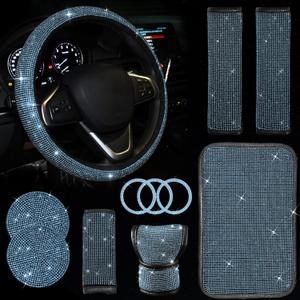 11 Pcs Bling Car Accessories Set,Bling Car Accessories Set for Women,Steering Wheel Cover for Women Universal Fit 15 Inch,Rhinestone Center Console Cover(Cyan)