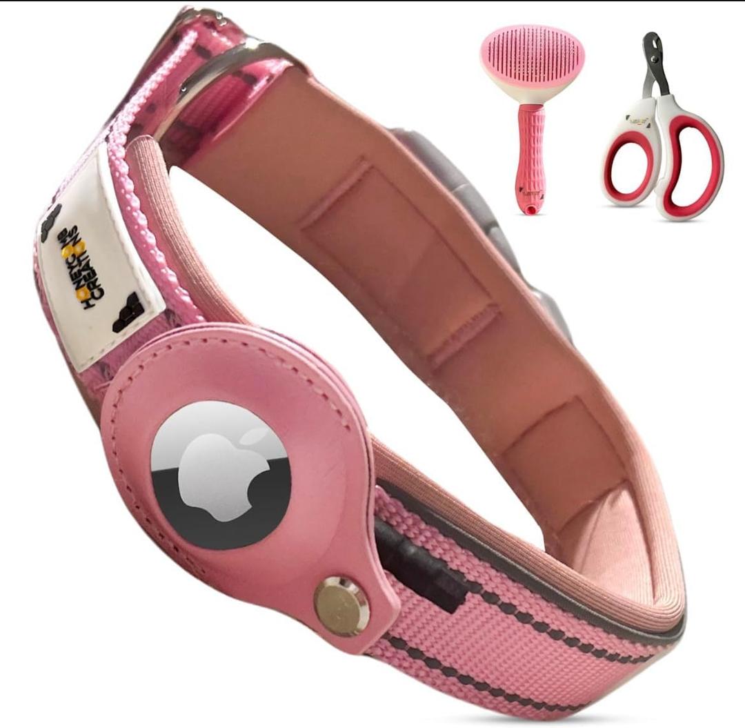 Essential Pet Supplies: Pet Collar for Small Dogs with Reflective AirTag Holder and Secure,Comfortable Padding Bundled with Safe Dog Nail Clippers and Self-Cleaning Dog Brush (PINK)