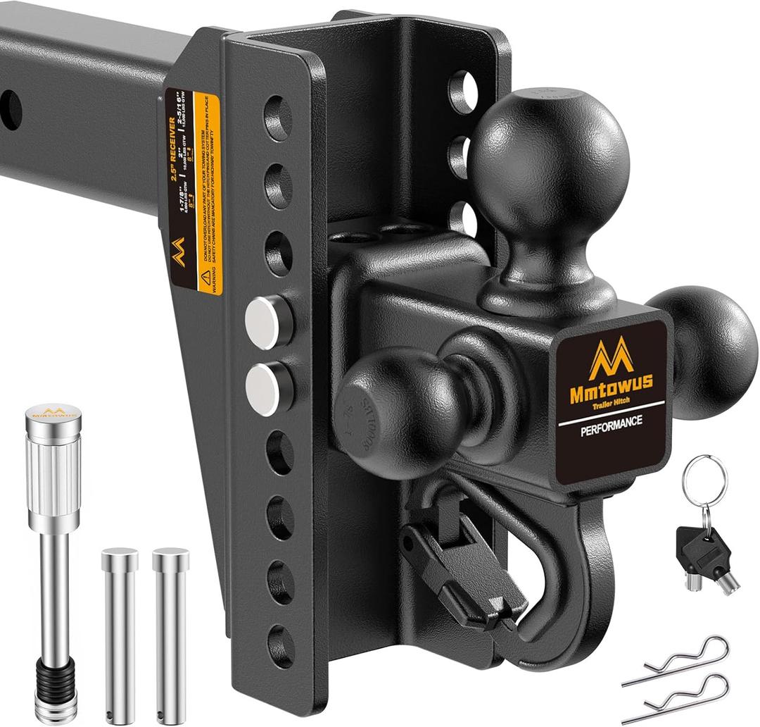 Adjustable Trailer Hitch - Drop Hitch -Tri Ball Mount w/Hook (1-7/8'', 2''&2-5/16''), Fits 2.5-Inch Receiver, 8'' Drop/Rise 15,000 LBS GTW Tow Hitch, 3 Ball Hitches for Trucks, RV, Camper etc