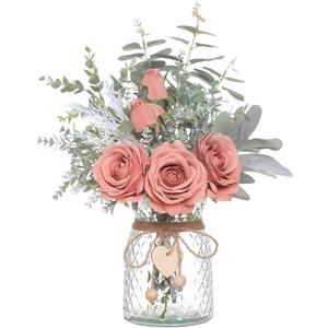 Faux Flowers with Vase,Artificial Silk Roses in Vase, Fake Plant Eucalyptus Flower Arrangement for Home Office Farmhouse Bathroom Dining Table Centerpiece Decorations Coffee Table Decor (Dusty Pink)