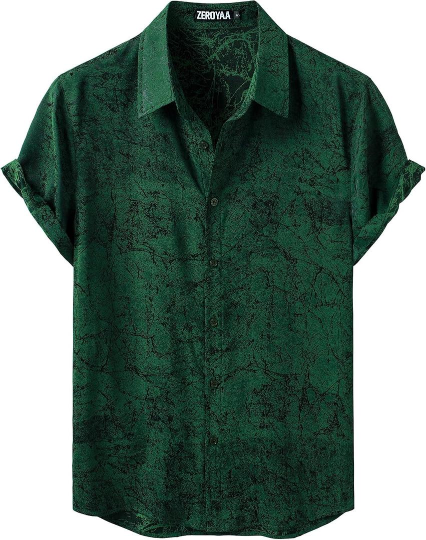 ZEROYAA Mens Satin Jacquard Short Sleeve Button Down Shirts | Regular Fit, Silk Like Satin, Soft, Casual, Summer, for Vacation, Party, Beach (Green, XL)