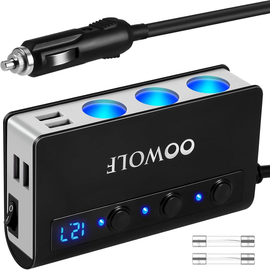 OOWOLF 7 in 1 Cigarette Lighter Splitter, 180W Quick Charge 3.0 12V/24V 3-Socket Car Charger Adapter, 4 USB Ports Car Power Adapter Car Splitter, Independent Switches, LED Voltmeter, 2.3FT Cable (BLACK-GREY)