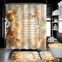4 Piece Inspirational Quotes Shower Curtain Set with Rugs, Elegant Champagne Gold Floral Butterfly Bathroom Decor, Waterproof Fabric Bath Curtain with Non-Slip Bath Mat, U-Shape Rug & Toilet Lid Cover