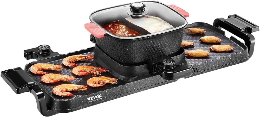VEVOR Hot Pot with Grill, 2300W 2-in-1 Electric Smokeless Grill and Hot Pot, Removable Shabu-shabu Hotpot with Non-stick Pan, Separate Dual Temperature Control, Indoor Korean BBQ for 1-6 People