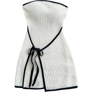 MakeMeChic Women's Knitted Strapless Dress Wrap Tie Front Sleeveless Bodycon Mini Tube Dresses (Large, Beige)