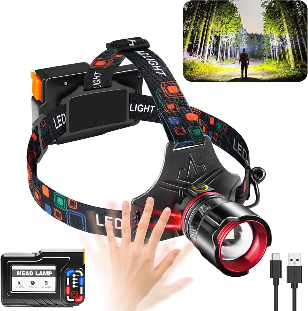 Bud K Headlamp Rechargeable, Super Bright with 5 Modes, Motion Sensor Head Lamp Batteries Included, Waterproof Headlamps for Camping Hunting Running Fishing Biking